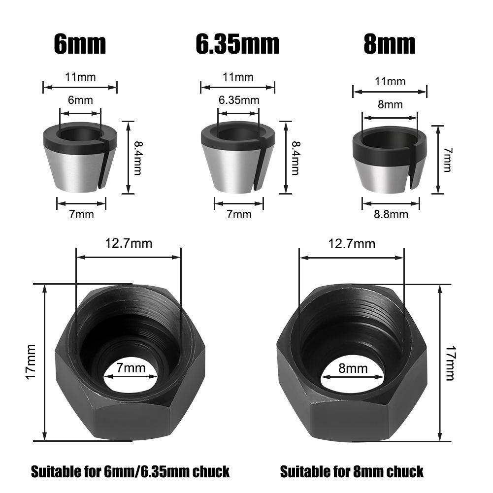 6mm 6.35mm 8mm Collet Adapter for Router, Milling Machine Converter Nut, Grinder Spindle Chuck Accessories
