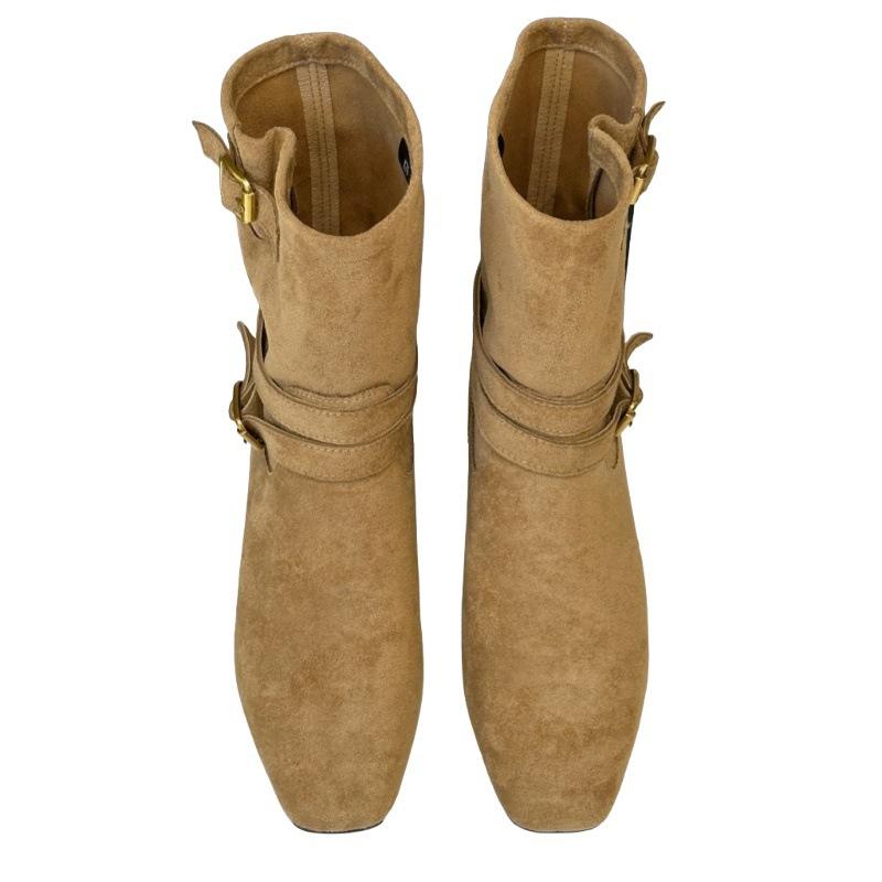 Retro Pustynny Styl Zachodnie Buty Damskie 2025 Jesień i Zima Nowe Kwadratowy Nosek Średnie Buty Obcas Kotek Obcisłe Buty Martinowe Buty Jeździeckie
