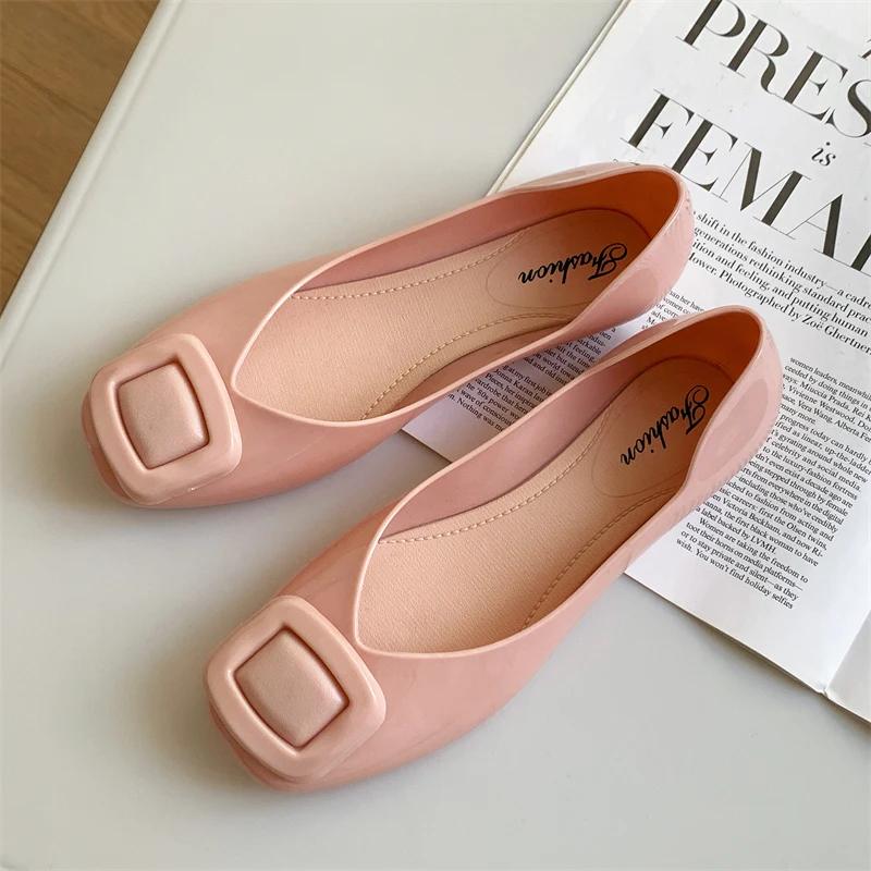 Fashion Women's Summer New PVC Solid Color Square Button Sandals Fashion Shallow Mouth  Casual Flat Women's Single Shoes