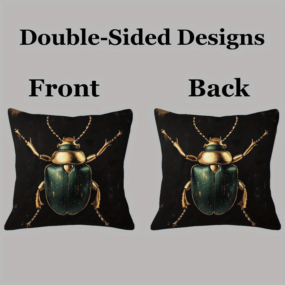 Funda de Cojín Decorativa de Lujo Color Verde Escarabajo y Dorado con Estampado de Insectos, Doble Cara, para Cama y Sofá