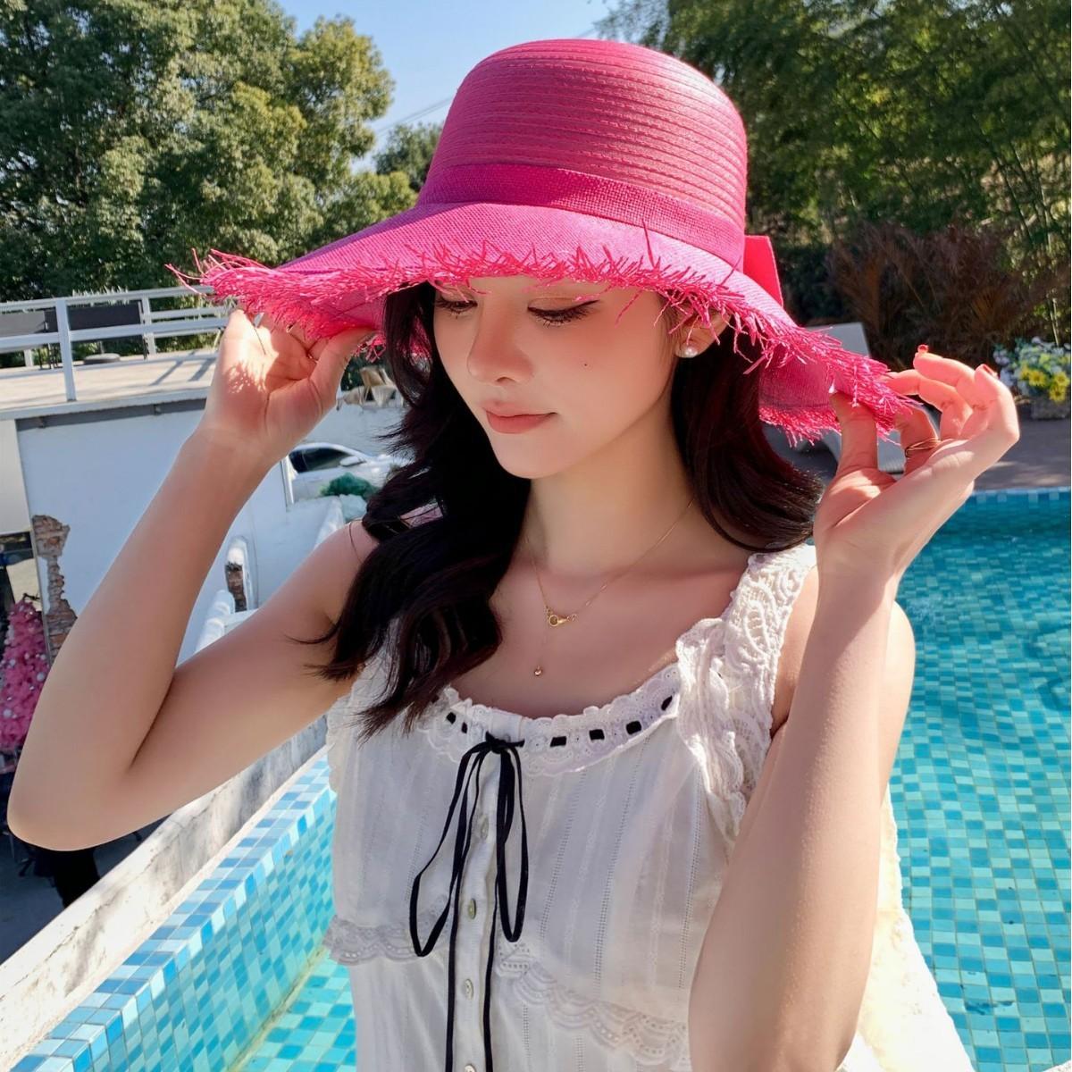 

JYL TS DIY Соломенная шляпа с бахромой Защита от УФ Пляжная кепка Плетеная солома pieceofred лакричная конфета