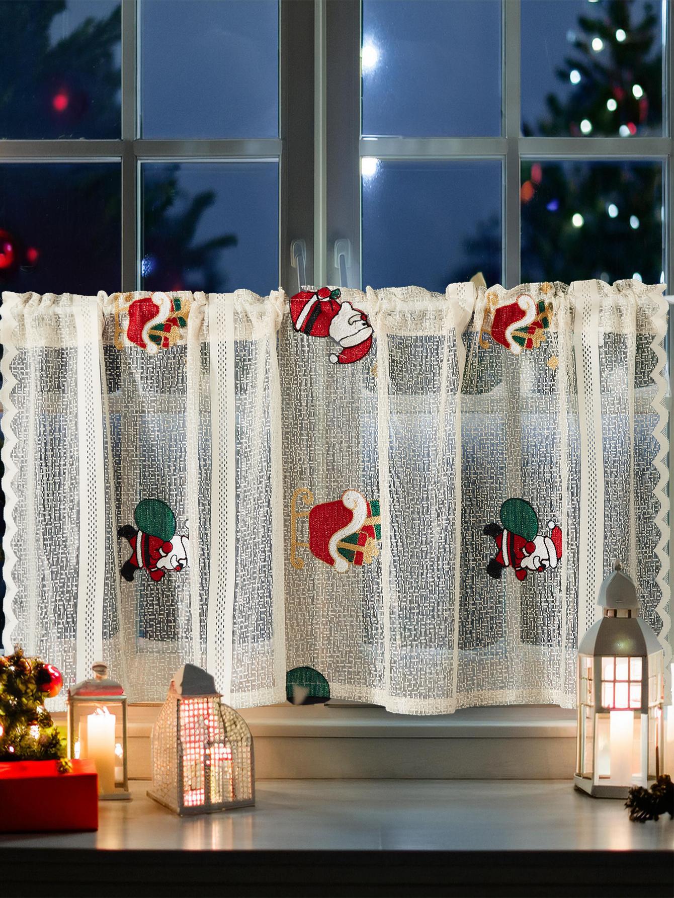 

Christmas man Embroidered Semi Sheer Curtain for Kitchen Half Window Sheer Curtains Rod Pocket Voile Drapes 140x60cm&Fixed Pleat белый