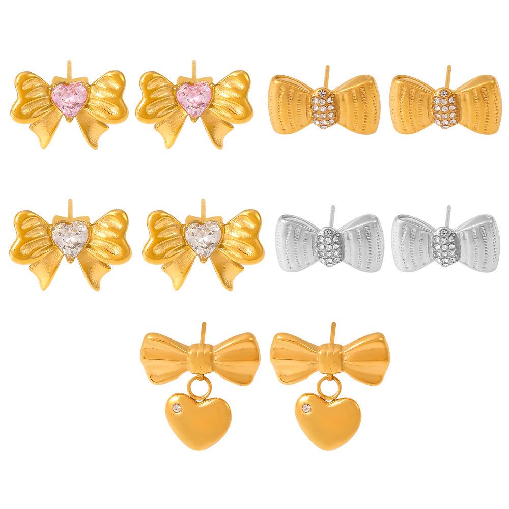Gold-Plated Zircon Heart Stud Earrings with Pleated Bow Design