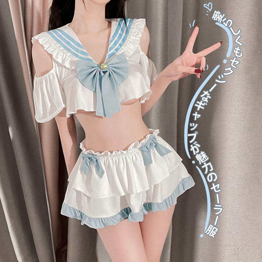 Sailor Clothes Cosplay Sexy Erotic Extreme Costume Erotic Exposure Women Short Sleeves JK Cute Ribbon Small Breasts Micro Mini Skirt Light Blue White