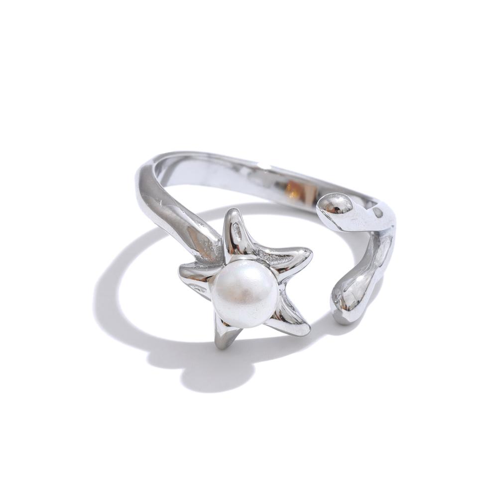 

Yhpup Arrivals Stainless Steel Simulated Pearl Flower Open Adjustable Ring Tarnish Resistant Metal Chic Finger Jewelry resizable