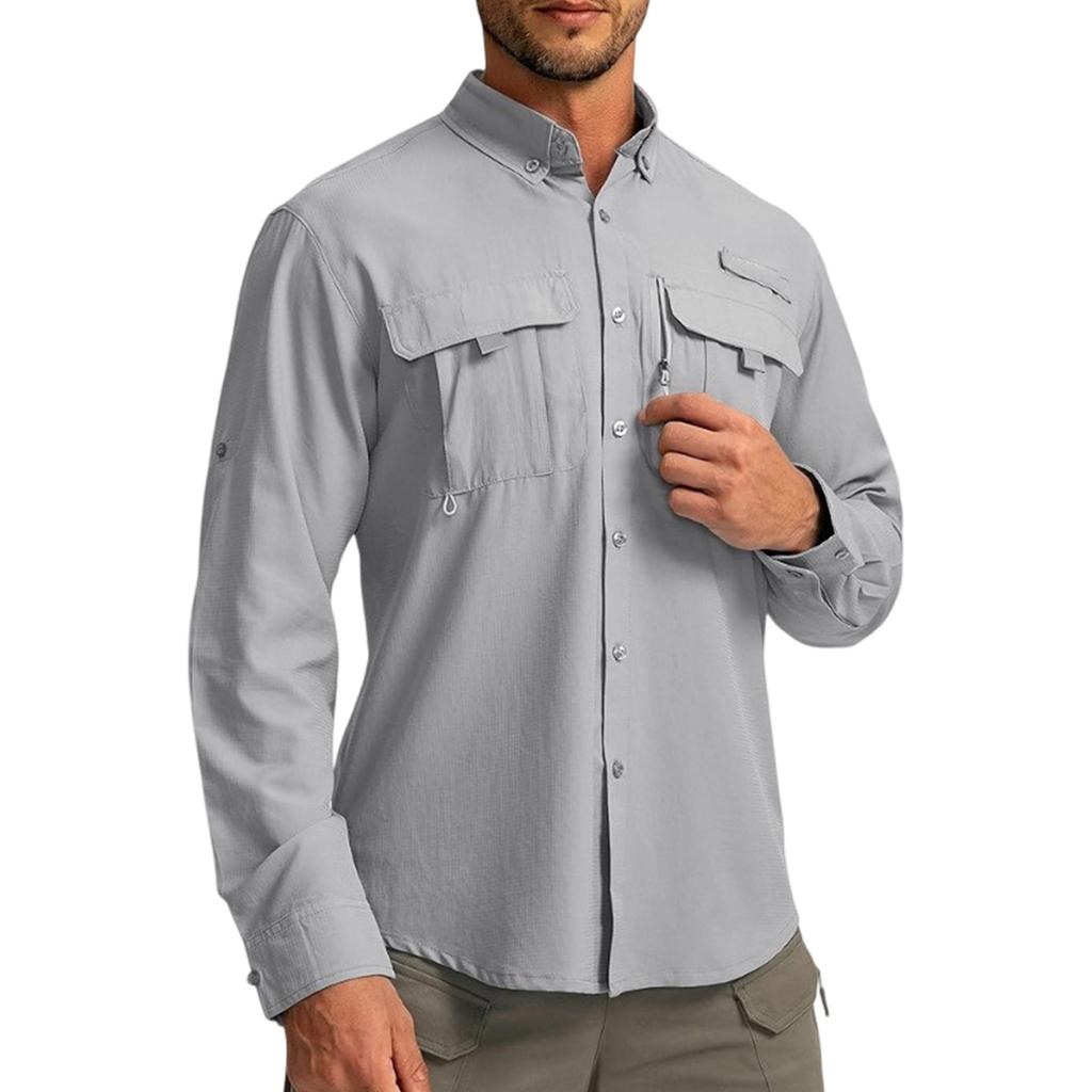 Men's Color Casual Loose Button-Down Collar Faux Pocket Long-Sleeved Shirt