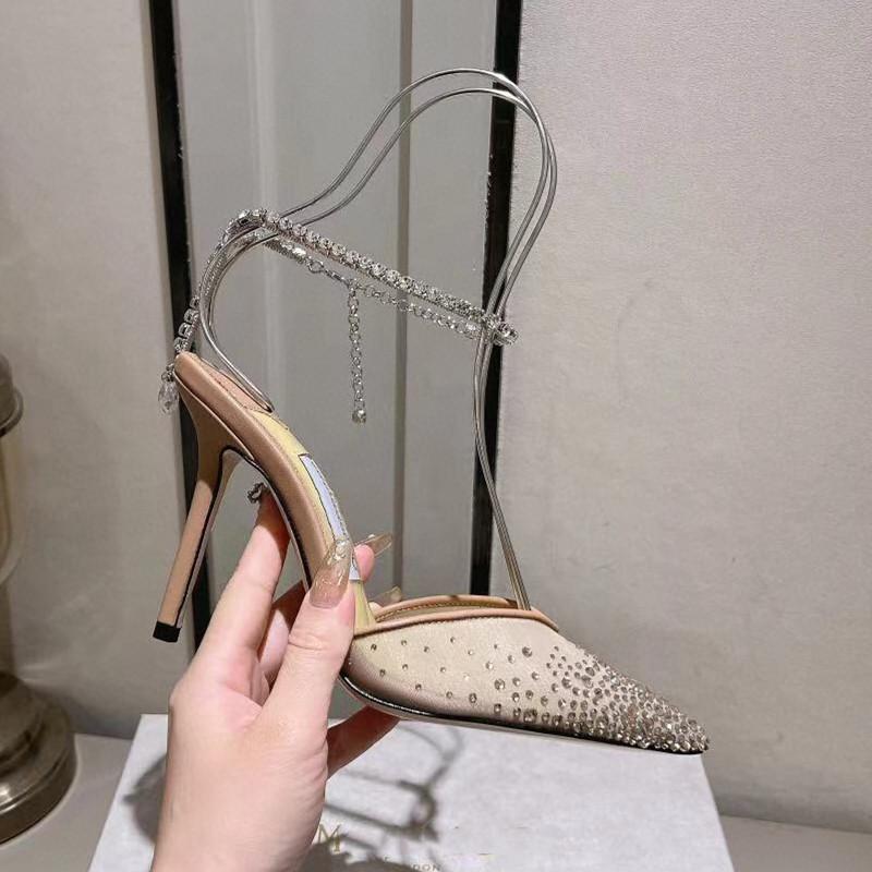 Mode Luxus Strass Mesh Damen Pumps Sexy Knöchelriemen Kristallanhänger Dünne Hohe Absätze Mode Frühling Sommer Hochzeit Ballschuhe
