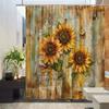 Sunflower Countryside Shower Curtain - Three Golden Sunflowers & Butterfly Pattern, Scenic Beauty, Polyester Bathroom Decor