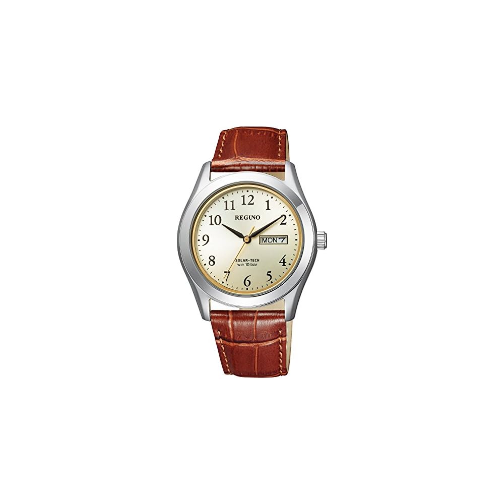 Citizen Reguno Solar Waterproof Leather Strap Men s Analog Watch with Date and Day Gold Brown 40mm