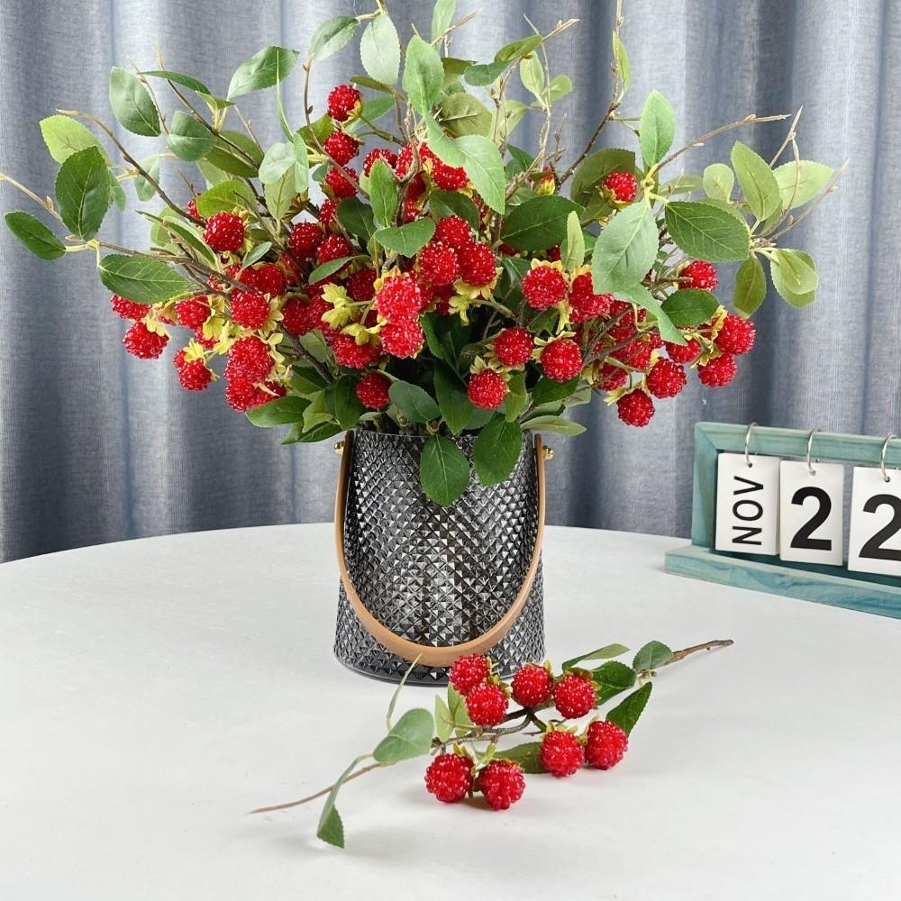 Green Leaves Artificial Raspberry Branch Faux Red Raspberry Plastic Mulberry Fruit Plants Luxury Elegant Fake Plants Gift