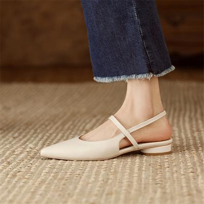 Sandalias de Verano de Moda Zapatos de Mujer de Piel de Oveja Punta Fina Tacón Bajo Zapatos de Salón para Mujer Sandalias con Puntera Cubierta de Cuero Genuino para Mujer Hechas a Mano