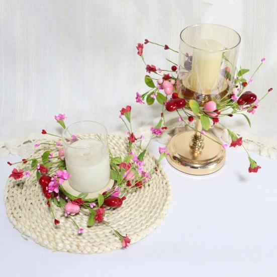 Valentine's Day Heart Candle Ring Wreath Handcrafted Red Pink Berry Centerpiece with Flowers Table Decor for Romantic Dinner