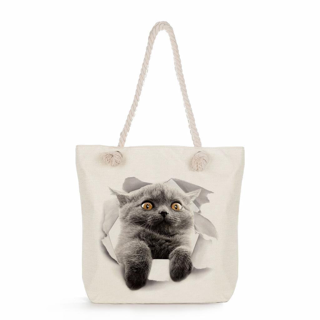 Cat print thick rope single-shoulder beach bag 7268 CLE