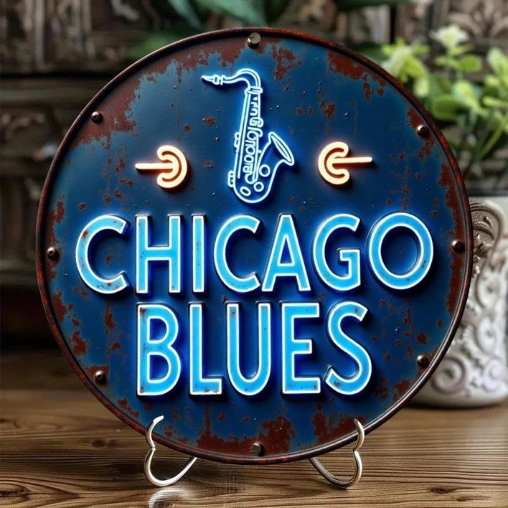 Vintage Chicago Blues Saxophone Neon Tin Metal Wall Art for Home Bar Cafe Decor