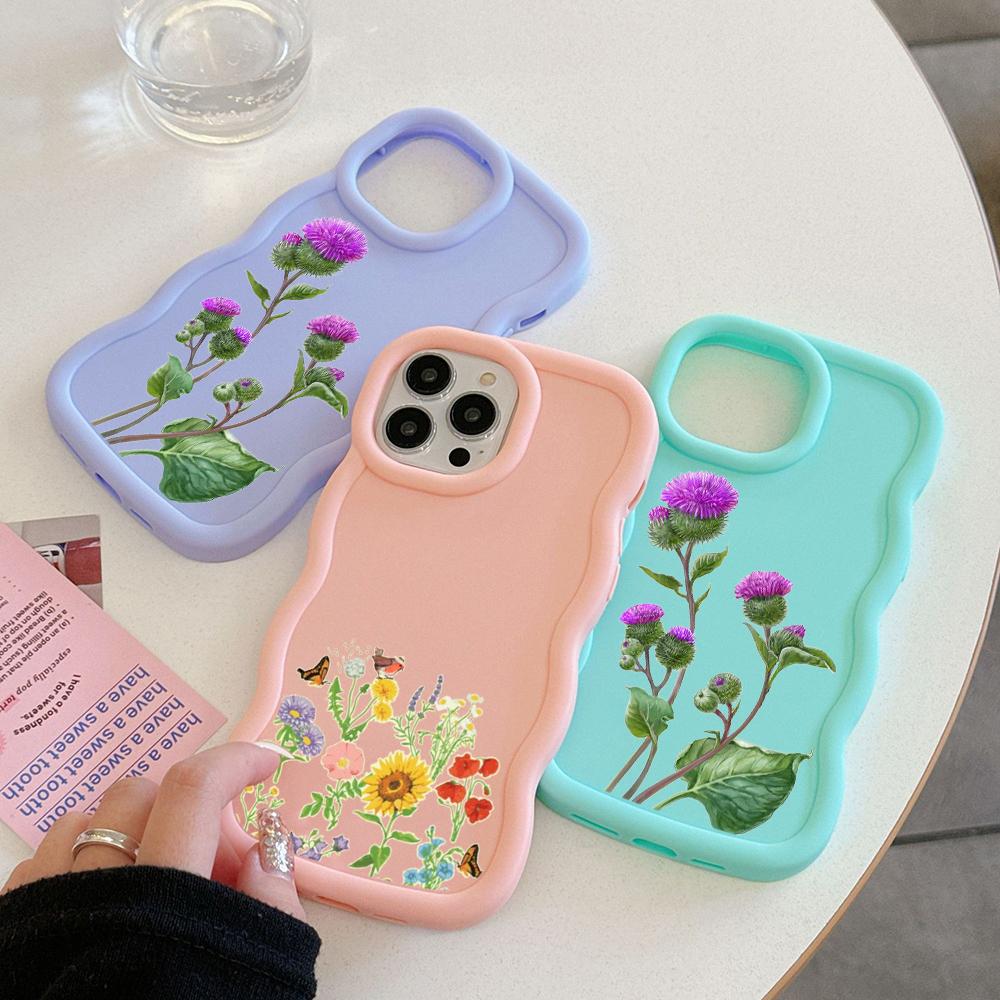 N75 Butterflies Flowers Macaron Wavy Edge Phone Cases for iPhone 16 Pro Max Samsung S24 S23 Ultra A35 A54 A55 Xiaomi Redmi Note 13 Shockproof Cover