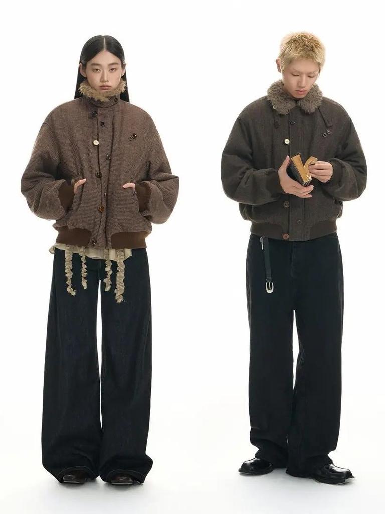 American Retro Winter Plus Velvet Warm Jacket with Golden Eagle Fur Collar for Men and Women