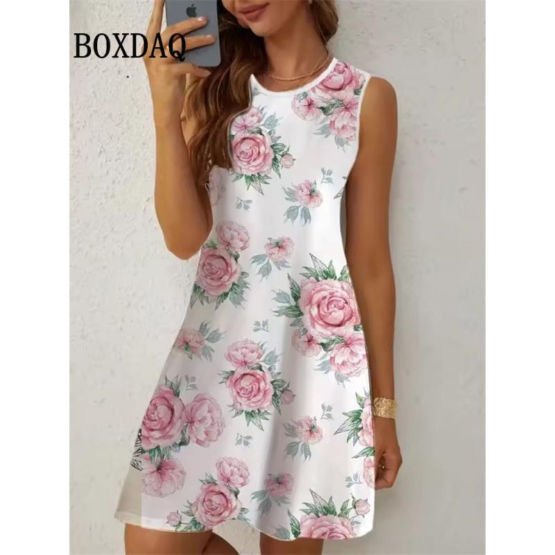 

Summer Vest Beach Short Dress Women Loose Sundress Casual Sleeveless A-Line Dress Vintage Women s Tank Flowers Print Dresses S