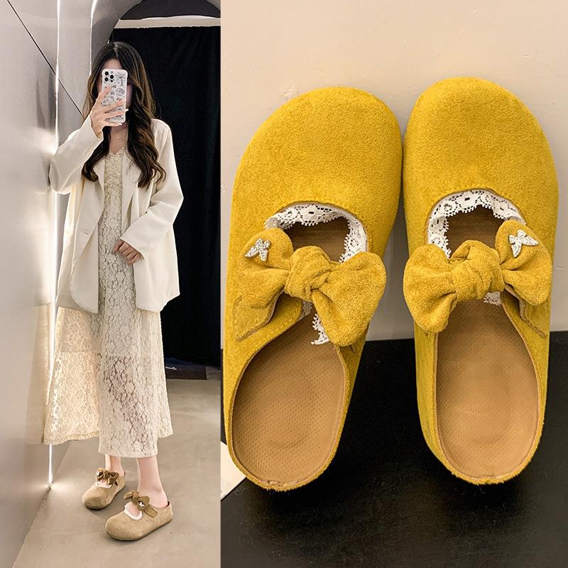 Retro bow bag head half slippers spring and summer new French lazy one pedal casual girls outer slippers