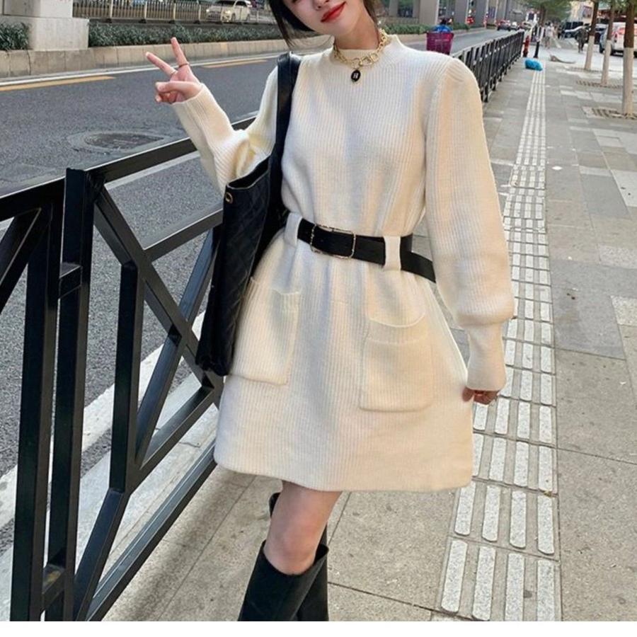 New French Style Petite Knit Dress for Women, Long Sleeve Loose Knit Base Dress for Fall Winter