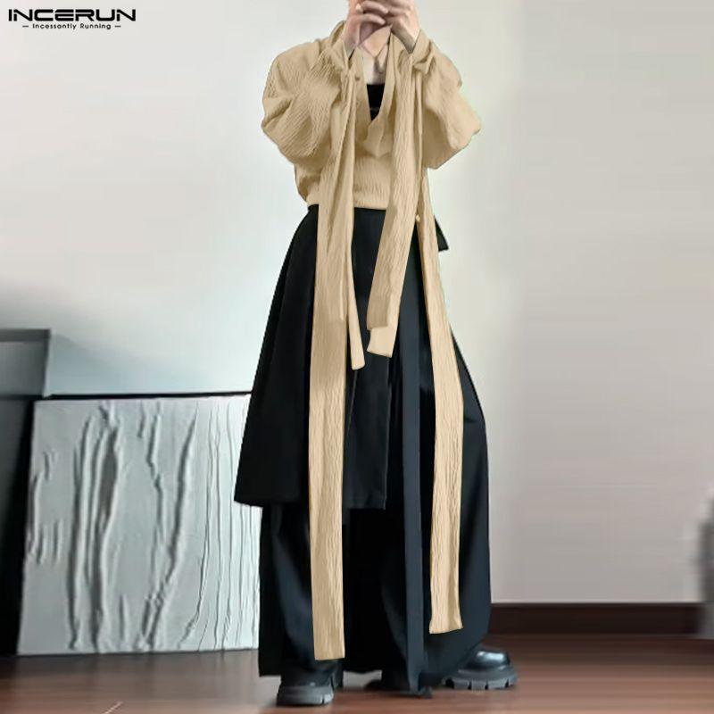 INCERUN Oversized Men Swing Collar Long Sleeve Ruffled Irregular Shirts Tops