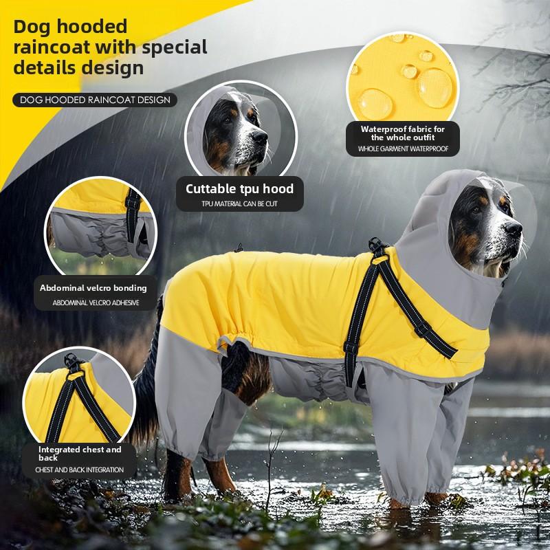 Reflective Waterproof Dog Raincoat with Hood Transparent Mask Full Coverage Pet Raincoat, Medium Large Dogs, with Traction Hole