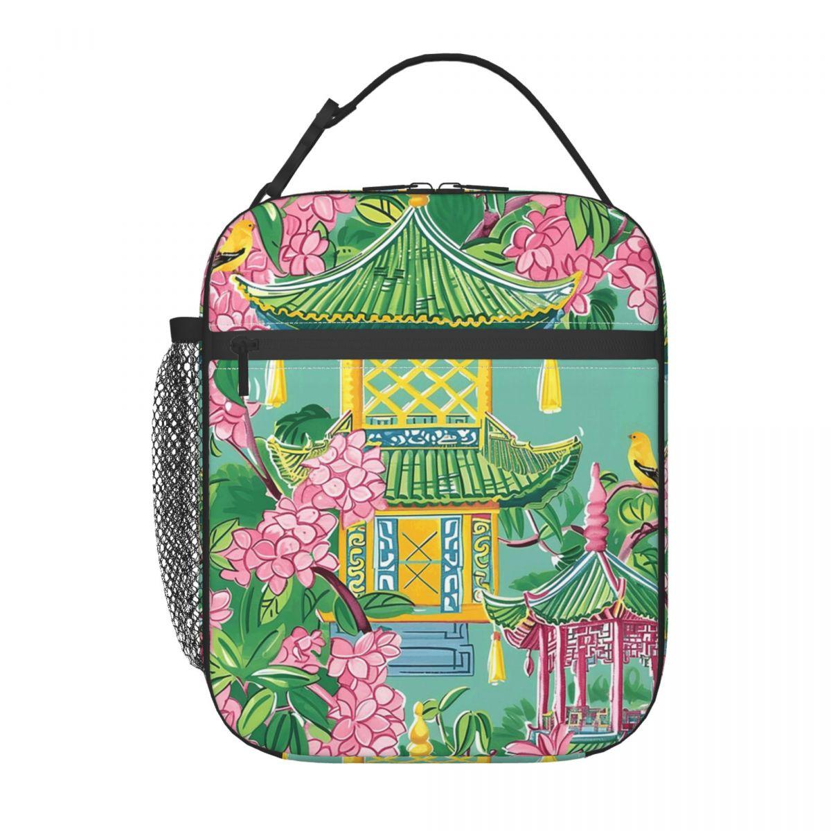 

Japanese Pagoda And Cherry Blossoms Insulated Lunch Bag for Women Children Portable Food Boxes Thermal Lunch Box Tote One Size