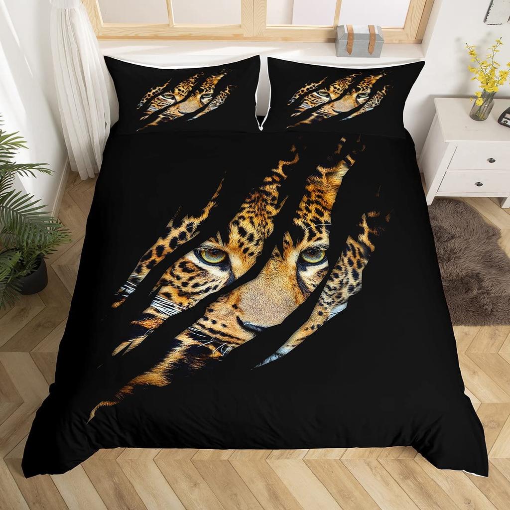 Leopard Duvet Cover Set King Size, Wildlife Animal Bedding Set for Teens Kids Boys Girls,Blue Rose Flowers Soft Comforter Cover