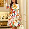 Women Long Sleeve Round Neck Midi Dress Vintage Small Daisy Floral Print Flared Casual Dress