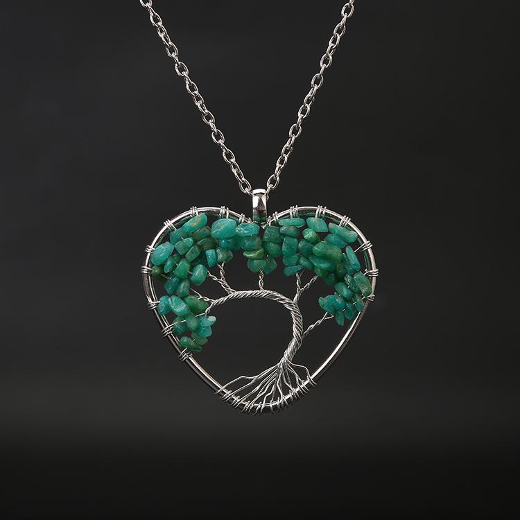 Seven-Color Heart-Shaped Tree of Life Necklace with Natural Stone Crystals
