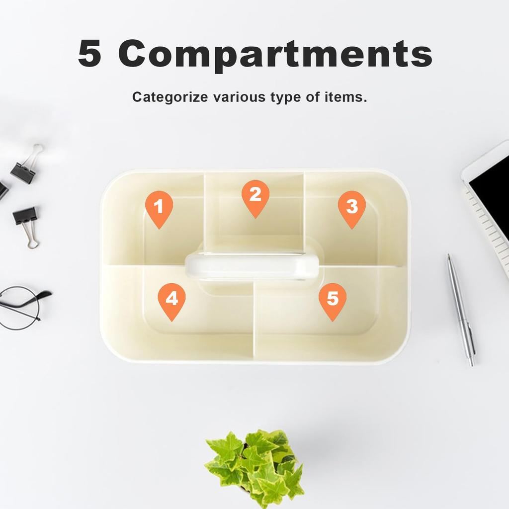 5 Compartment All-in-One Storage Basket with Handle,Plastic Desk Organizer for Pens.Office Supplies, Portable Desktop Tray