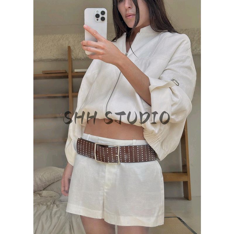 Summer New Product Women's Clothes Minimalist Stand Collar Long Sleeves Linen Blended Roll-up Sleeve Jacket Outwear 3653724