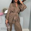 Fashion Satin Cardigan Shoelace Printed Loose Top Pants Suit Homewear Top and Pants Suit