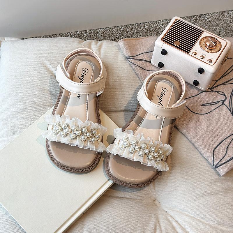 Girls Sandals Lace Pleated Sweet Kids Princess Shoes for Summer 2025 New Fashion Girls Beach Shoes Hook&loop Elegant Pearl Ins
