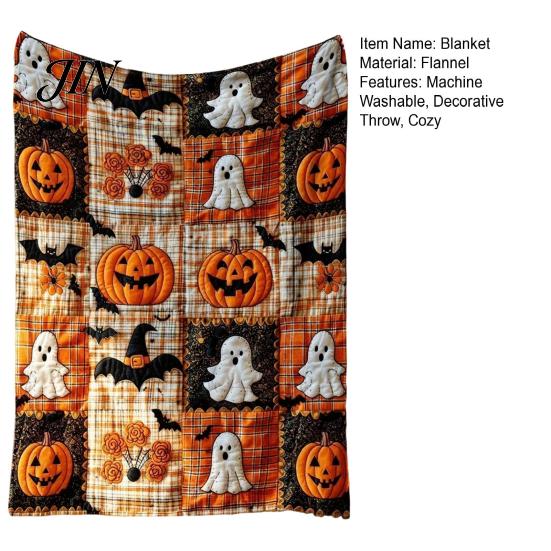 Soft Pumpkin Bat Print Bed Cover & Throw Blanket, Halloween Cozy Flannel Decorative Bedding Plaid for Couch Sofa Bed, Fall Home Decor