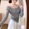 Core-spun Yarn, Gentle Wind, One-word Shoulder Fine Wool, Autumn and Winter Doll Collar Ruffle Edge Knitted Sweater with Female Inside