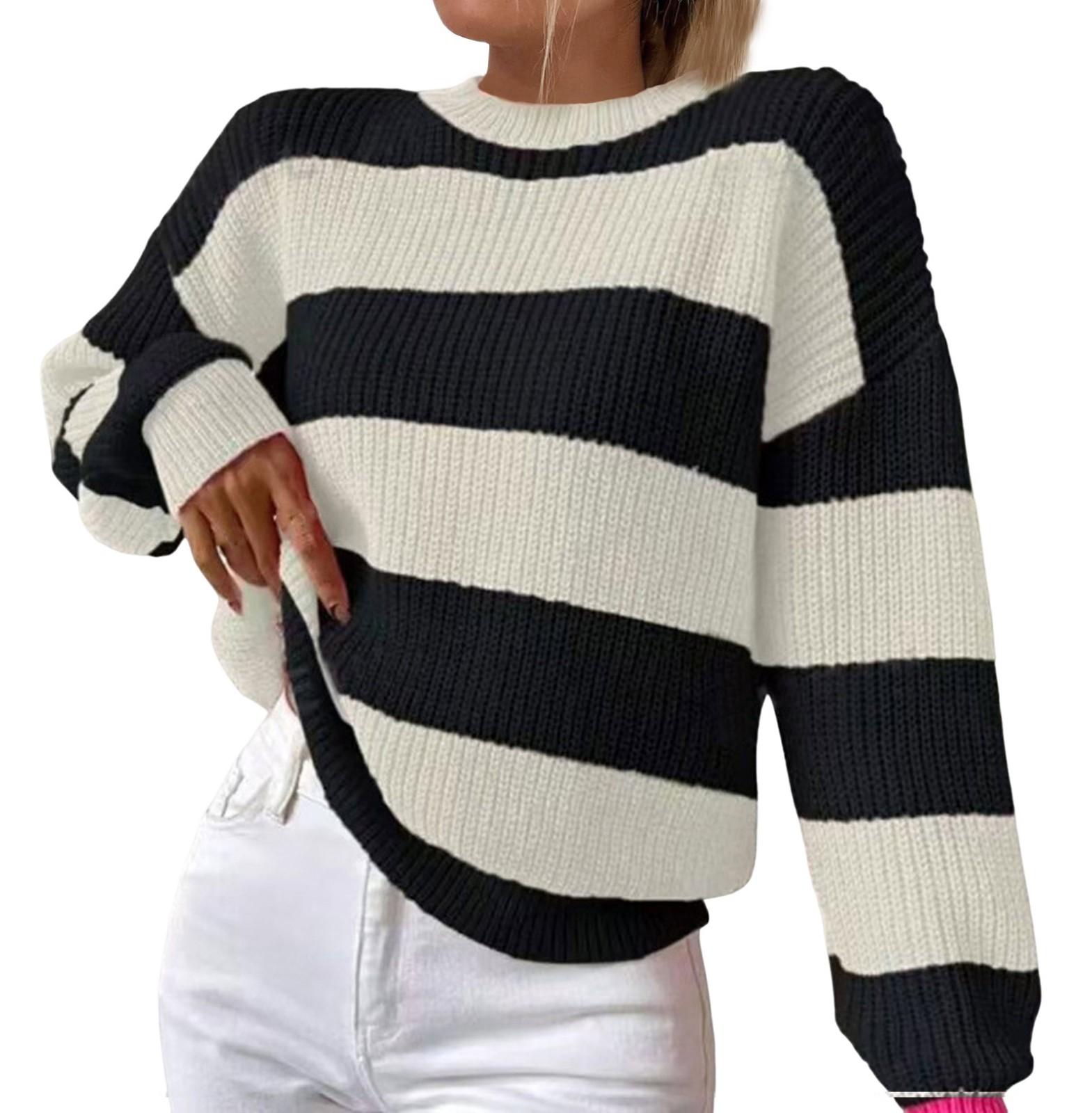 

Женский повседневный полосатый свитер с длинными рукавами, пуловер с круглым вырезом, топ-свитер L чёрный
