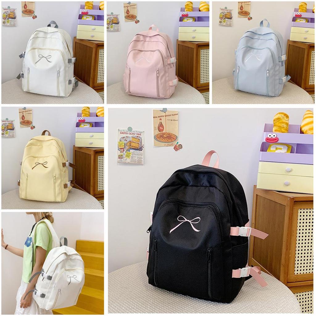 Basic Pink Nylon Student Backpack With Bow Design For School Use