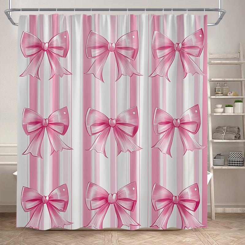 Fashion Bowknot Shower Curtains Red Pink Bow-Tie Heart Pattern Girl Gift Modern Bathroom Decorative Bath Curtain Set With Hooks