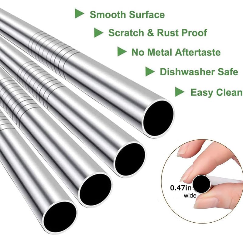 Reusable Boba Drinking Straws with Cleaning Brush 4Pcs Extra Wide Stainless Steel Metal Bubble Tea Straw for Smoothie MilkShakes