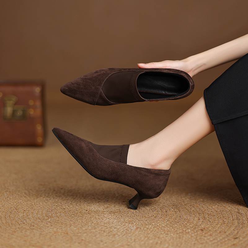 Krazing Pot Sheep Suede Autumn Winter Shoes Stiletto Med Heels Size 43 Size 42 Pointed Toe Deep Mouth Pumps