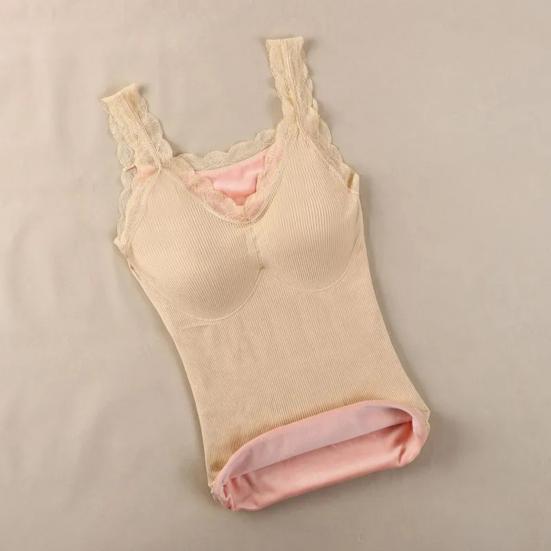 Women's Thermal Tank Top Lace Trim Sleeveless Camisole Shirts Fleece Lined V Neck Warm Base Layer Cami Underwear Tops with Built-in Bra