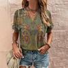 Summer Retro Women's T-Shirt Ethnic Print Short Sleeve Fashion V-Neck Tee Shirt Casual Harajuku T Shirt For Ladies Streetwear