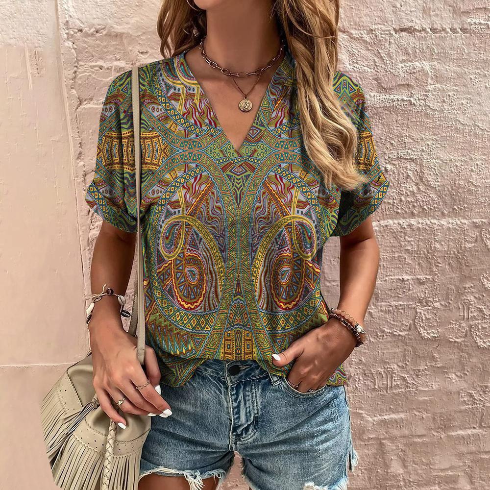 Summer Retro Women's T-Shirt Ethnic Print Short Sleeve Fashion V-Neck Tee Shirt Casual Harajuku T Shirt For Ladies Streetwear