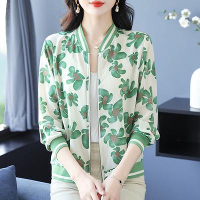 Hochwertige Sommer-Maulbeerseide Langarm-Kurzjacke Damen Neues Baseballtrikot Frühling und Sommer Dünne Sonnenschutzkleidung