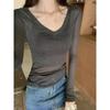 Korean version of summer versatile solid color long-sleeved v-neck Spice Girl Sweet Girl top waist slim sexy short shoulder women's T-shirt