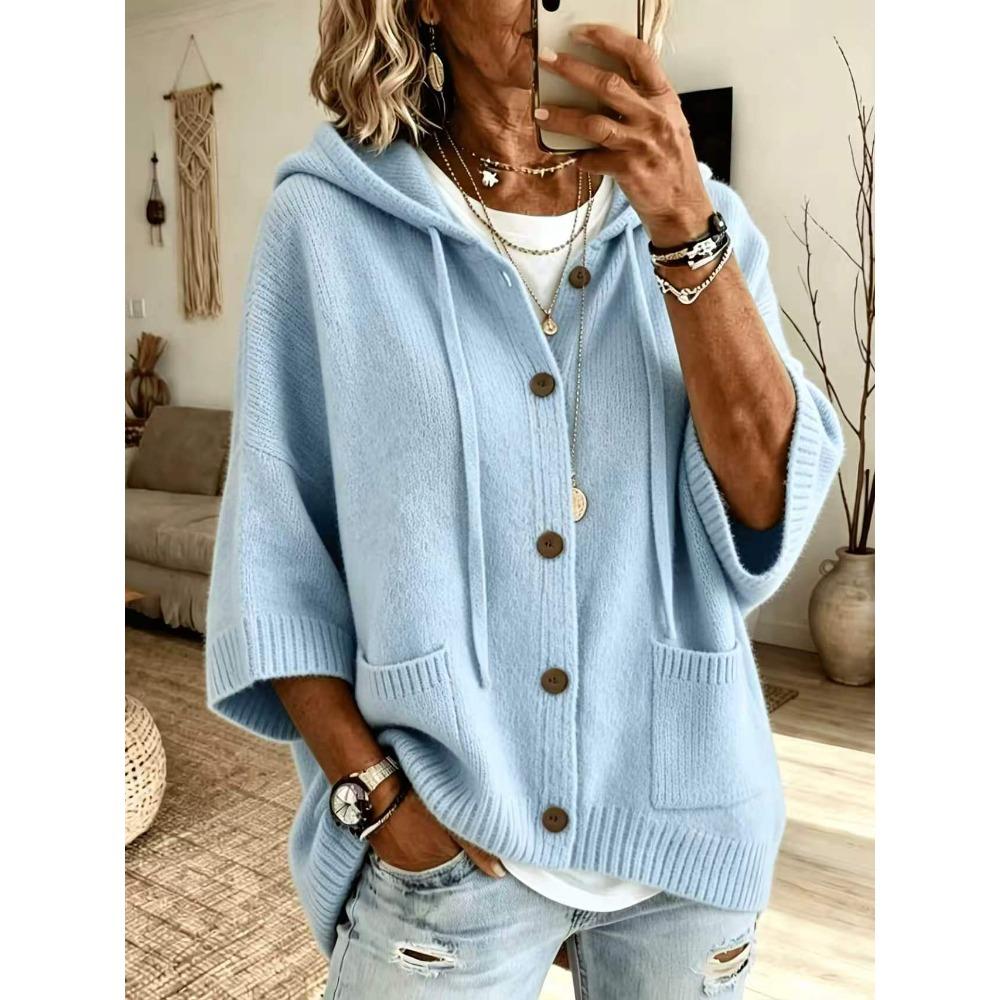 Autumn Winter Button Knit Hooded Sweater Cardigan Solid Color Casual Fashion Women's Coat Jacket