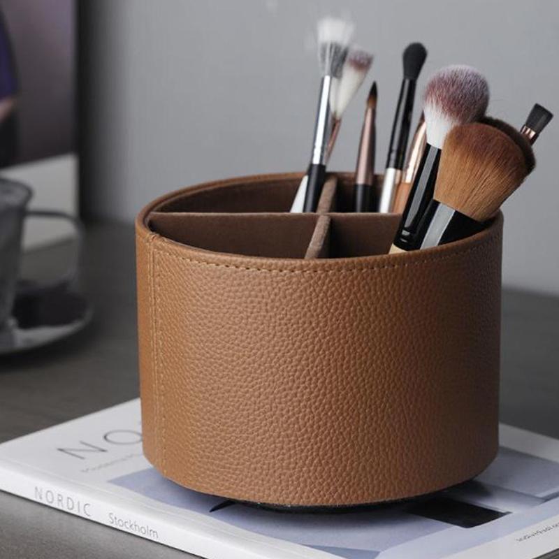 Nordic Style Yike Rotating Desktop Leather Storage Box Makeup Brush Storage Office Pen Holder Home Decoration