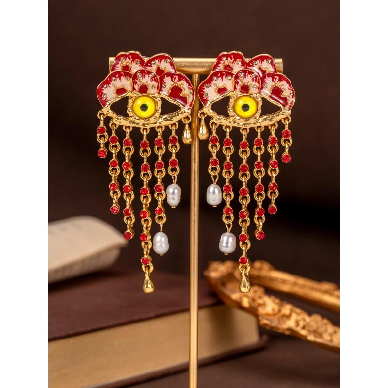 Vintage Xiapa Devil s Eye Studded Tassel Earrings Light Luxury красный