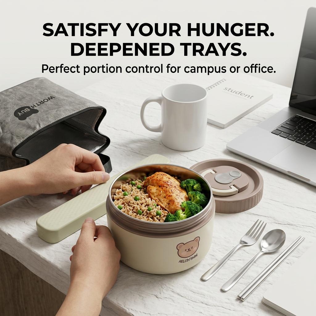 Kawaii 304 Stainless Steel Bento Box Thermal Lunch Box with Handle Microwave Safe Food Storage Containers for Kids Adults School