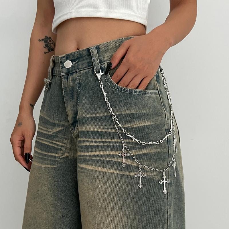 Punk Mehrschichtig Metall Stern Kreuz Anhänger Hosenkette Hip Hop Taille Schlüsselanhänger Jeans Kette Damen Trendiger Schmuck Zubehör Geschenke
